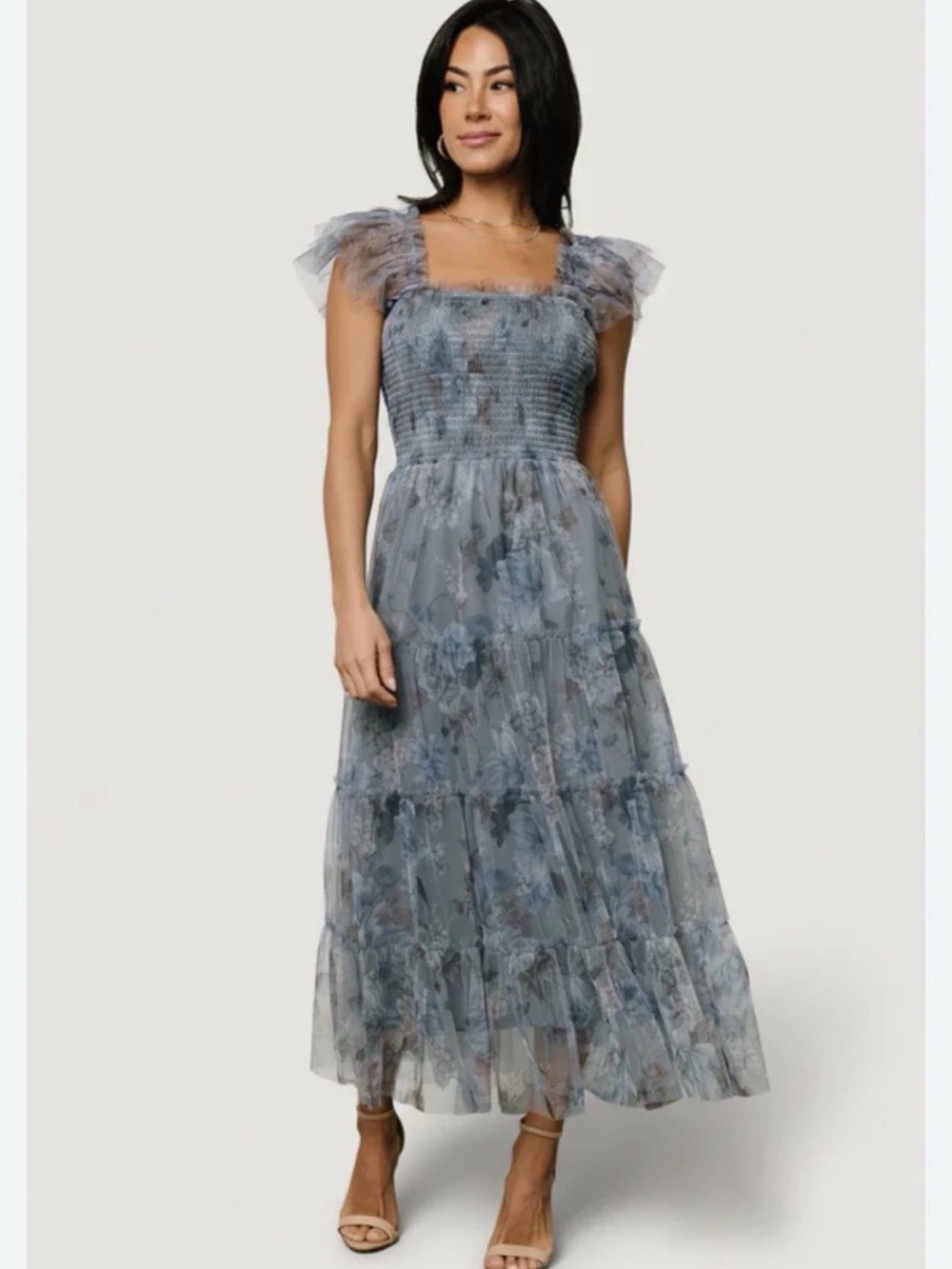 Baltic Born Clementine Tulle Maxi Dress In Light Blue Floral M Wedding Guest Dr